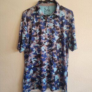Oahu Golf Shirt Mens XS Blue Brown Camo Pattern Performance Polo Lightweight